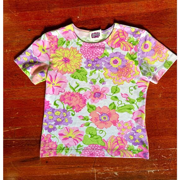 Vintage 90’s Designer Leggiadro Neon Pink White Purple Crop Top Tee Medium Large - Picture 1 of 5